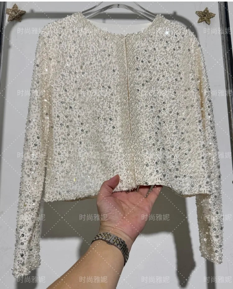 Maxy Fashion Heavy Sequin Beaded Cardigan Jacket for Women Slim Fit Bodycon Mid-Length Skirt Trendy Long Sleeve Coat
