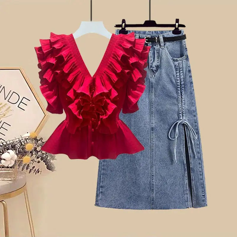 Maxy Spring/Summer Set Women's New Korean Style Western Versatile Top with Waist Wrap to Show Slim Denim Skirt Two-piece Set