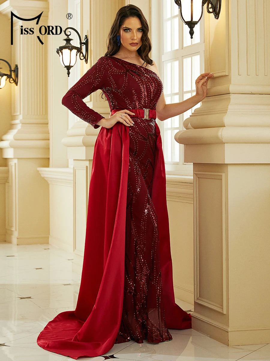 Babs Elegant Wine Wedding Party Dress With Train Women One Shoulder Long Sleeve Sequin Belt Prom Evening Dresses Formal Gown