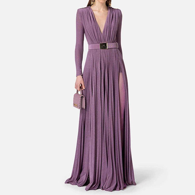 Maxy Women Fashion High Waist Slim Solid Long Dress Elegant Long Sleeve Party Dress Sexy Deep V-neck Draped Solid Evening Dress