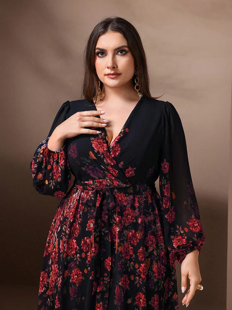 TOLEEN 2024 New Spring Summer Casual Elegant Formal Party Maxi Dresses Plus Size Women's Floral Print V-Neck Long Sleeve Dress