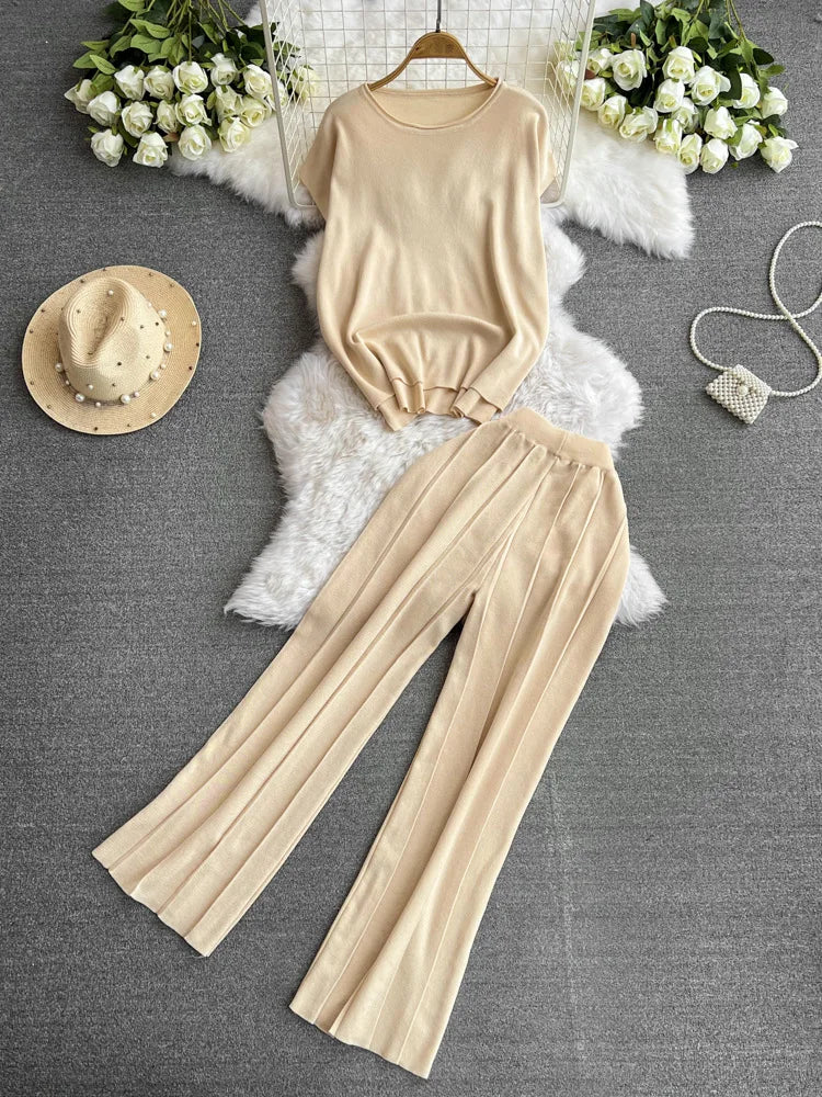 Maxy Fashion Pants Suit Women Korean-style Loose O Neck Knitted T-shirts Tops High Waist Straight Wide-leg Pants Women Two-piece Sets