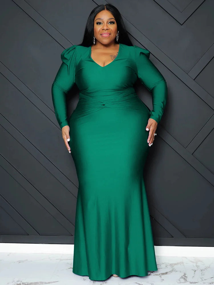 Wmstar Plus Size Party Dresses Women V Neck Long Sleeve Full Length Bodycon Elegant Evening Maxi Dress Wholesale Dropshipping