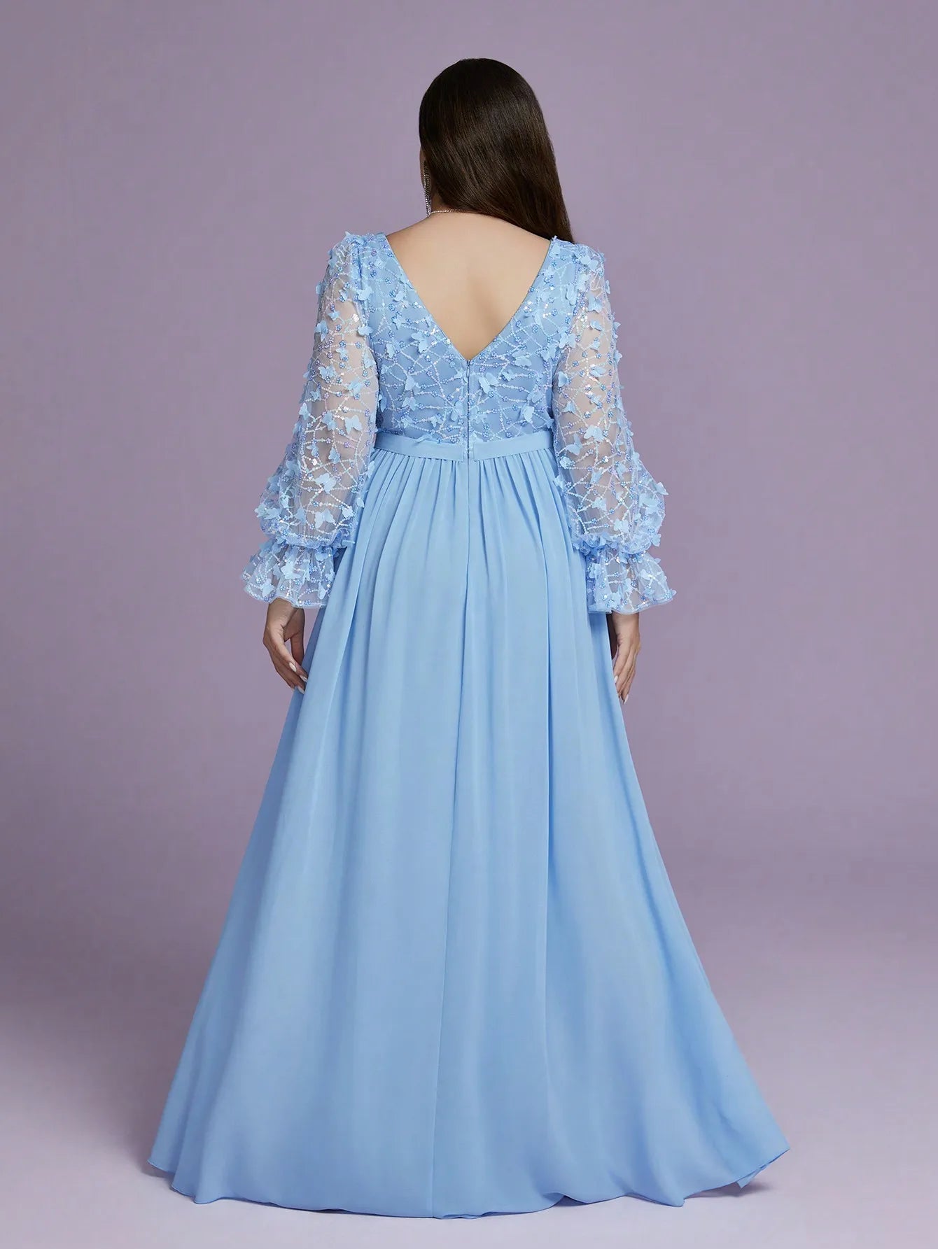 Maxy Mgiacyv-neck flame-patterned butterfly sequined long-sleeved hem pearl chiffon high-end evening dress