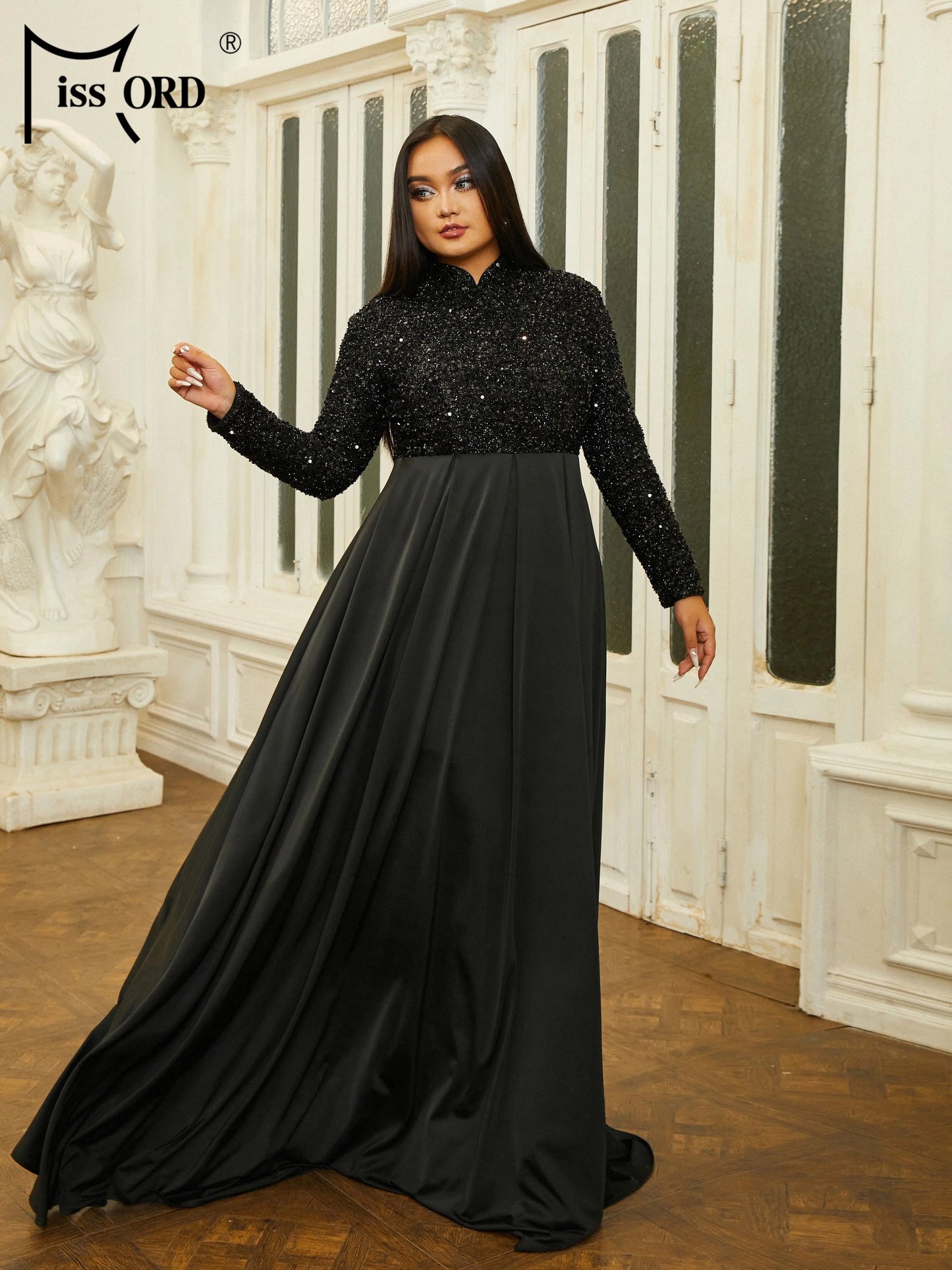 Momsey New Plus Size Black High Necked Long Sleeve Sequin A Line Evening Prom Dresses