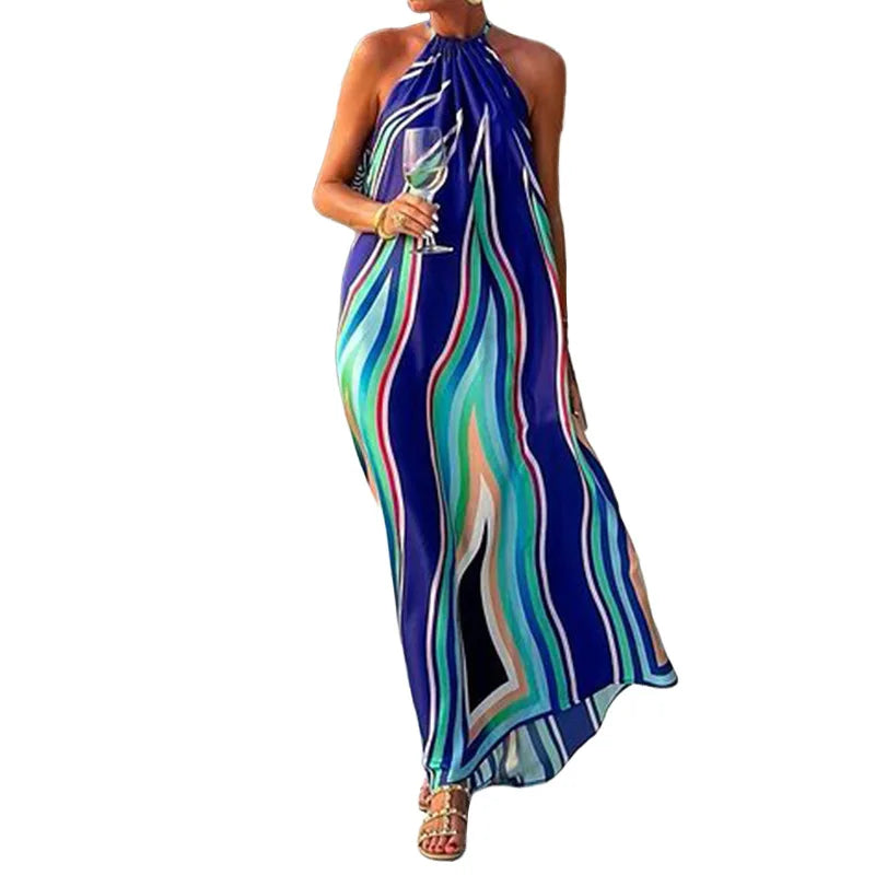 Maxy Dress Kaftan Boho Clothes for Swimwear Women Beach Printed Hanging Neck Bohemian Medium To Long