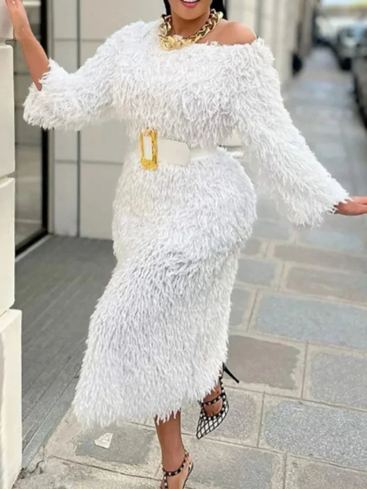 Maxy Women White Fur Dresses 3/4 Sleeves Tassel Elegant Fluffy Midi Dress with Belt Fall Winter Luxury Party Club Night Gowns