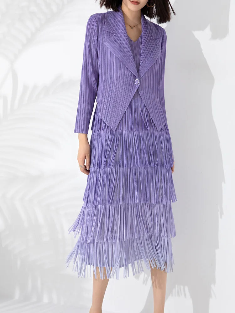 Maxy Boutique MIYAKE Pleated Style Set Large Gradient Color Overlay with Tassel Dress and Suit Small Coat Two Pieces [20230416]