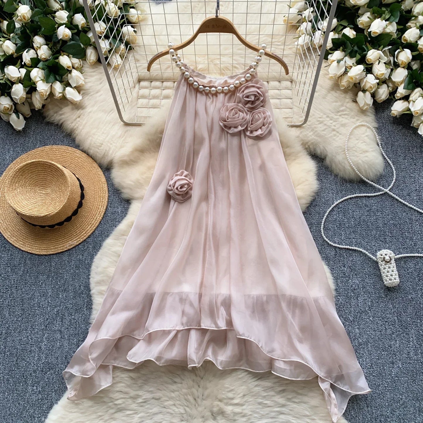 Topenomi Luxury Prom Dresses Women French Fairy Mesh Pearl Halter 3D Flowers A-line Midi Evening Gown Sweet Wedding Party Dress