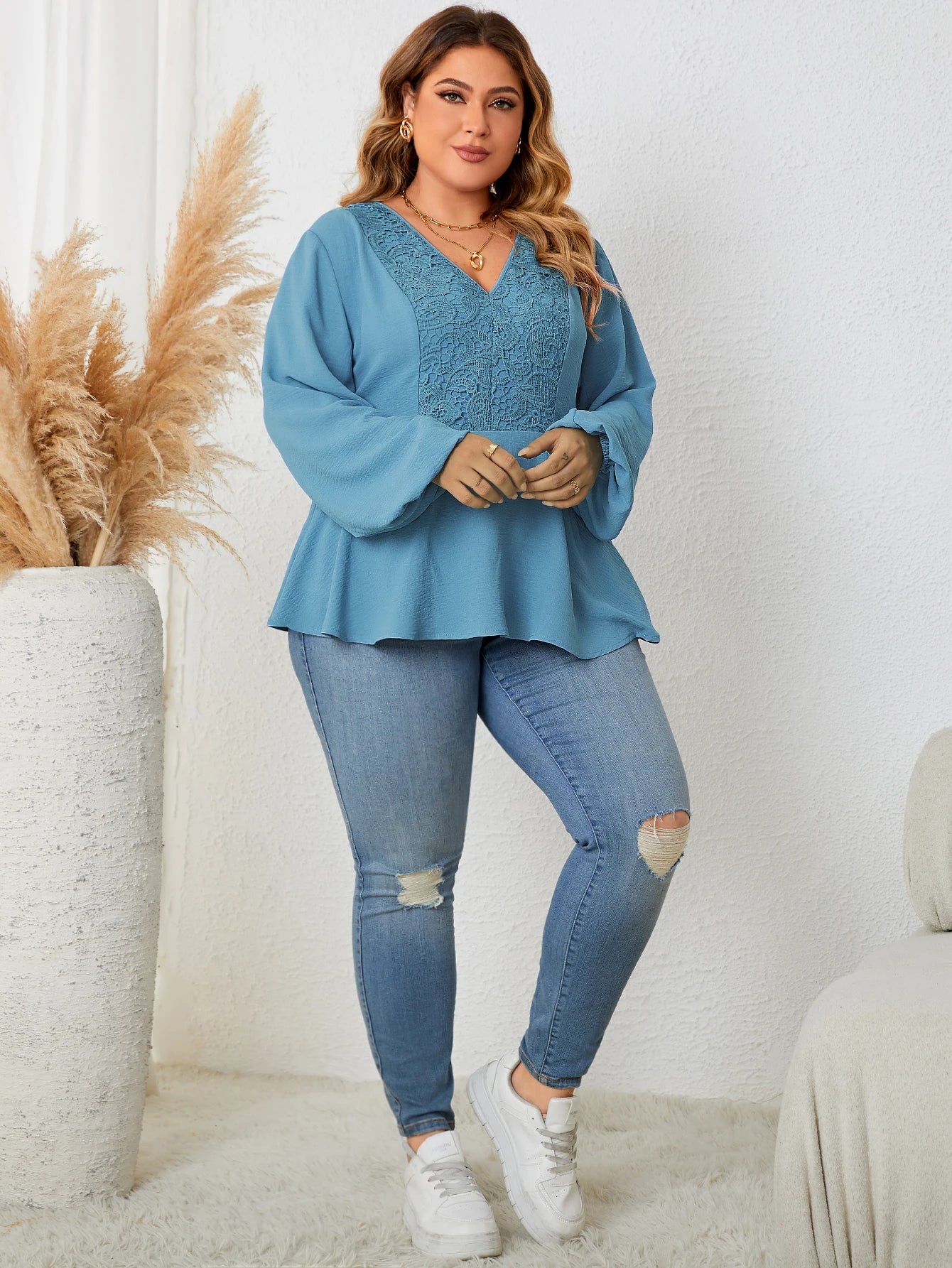 Amay Plus Size V Neck Contrast Lace Women's Top Fashion Vintage Full Lantern Sleeve Elegant Peplum Blouse Autumn New
