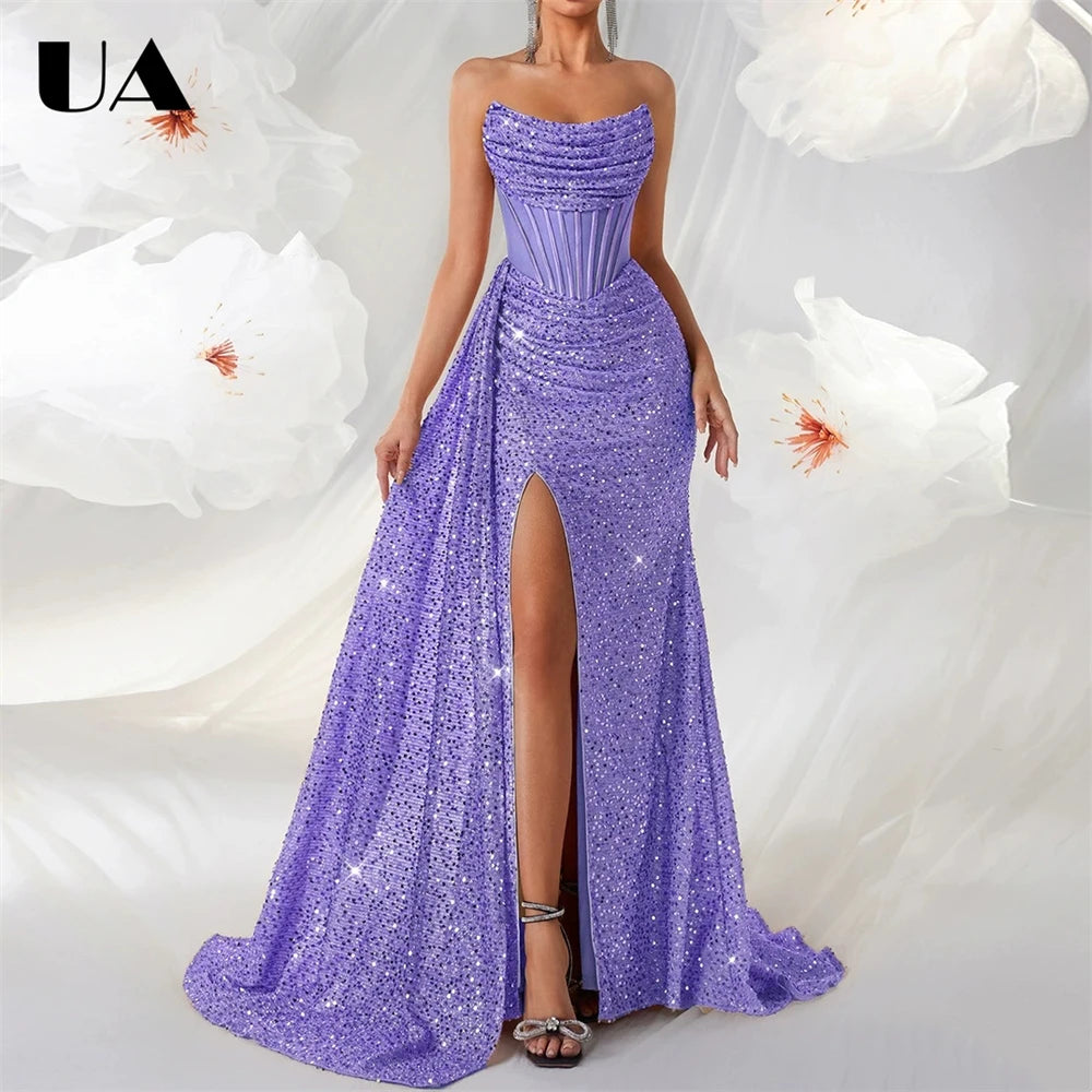 Maxy Women's Sequin Strapless Prom Dress Ruched Bodice High Slit Mermaid Gown Formal Evening Wedding Guest Ball Gown Sparkly Party