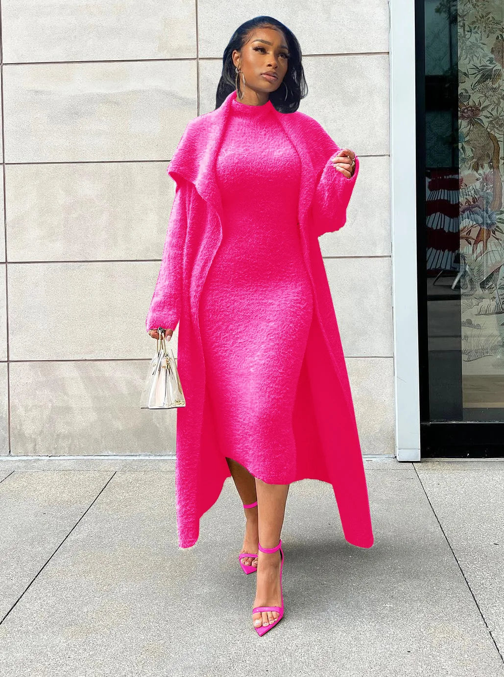Maxy Plus Size Women Dresses Two-Piece Set Elegant Dress & Loose Long Coat With Belt Fall Winter Ladies Casual Dress Outfits