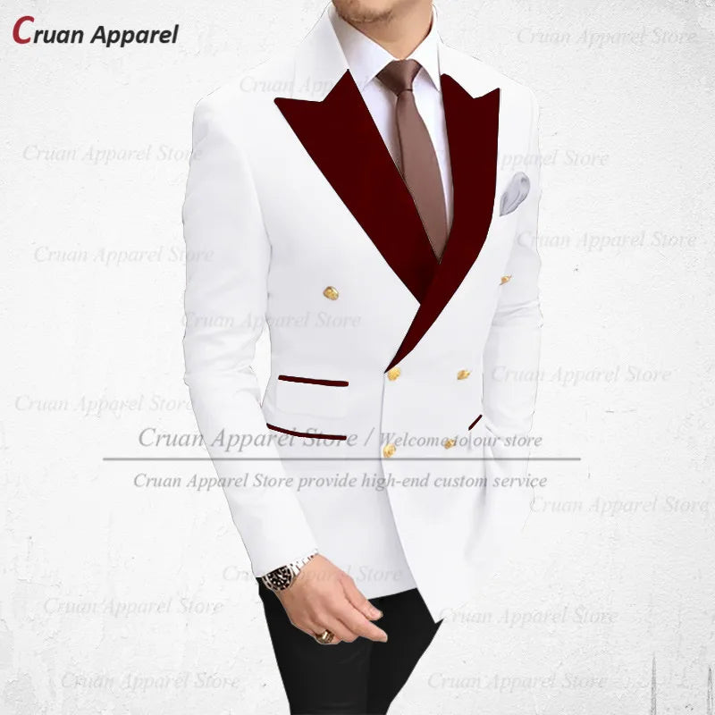 Visco Tailor-made 2024 Sky Blue Men's Suits 2Pcs Slim Fit Best Man Groom Wedding Tuxedo Fashion Burgundy Velvet Lapel Blazer Pants Set