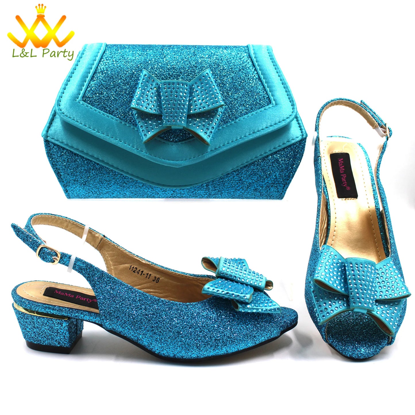 Maxy New Design Specials Italian Women Shoes Matching Bag Set in Sky Blue Color Comfortable Heels with Appliques for Wedding