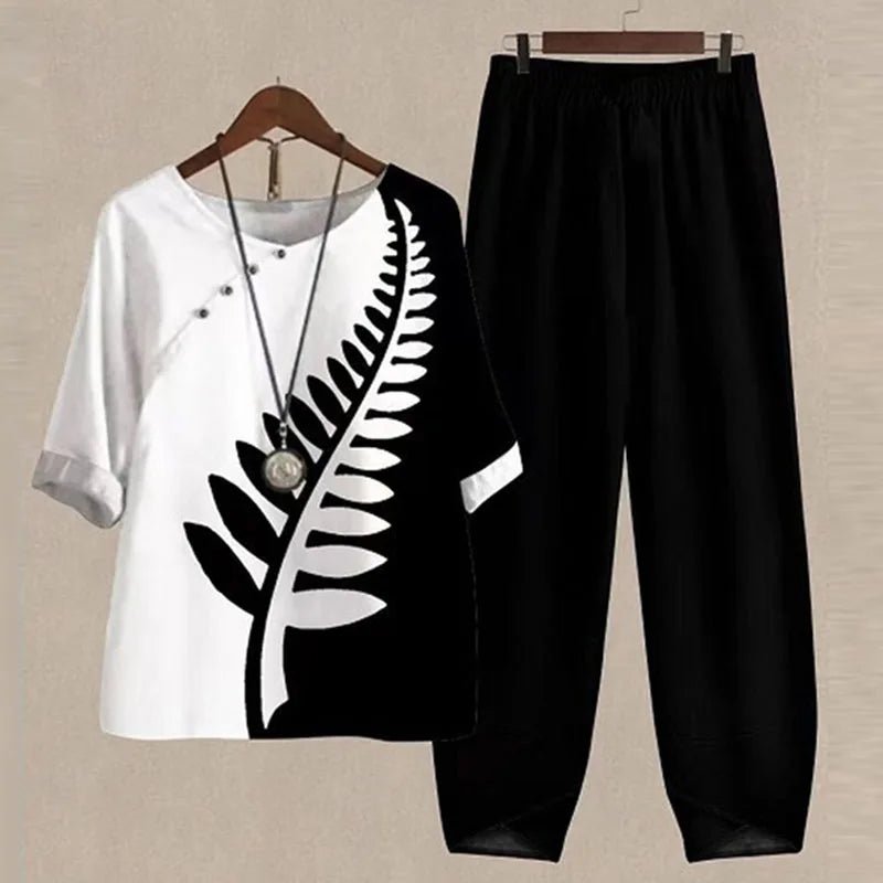 Maxy Leaf Printing Women O Neck Short Sleeve Suit Elegant High Waist Pants Fashion Top&Pants Set Casual Outfits Two Piece Sets Summer
