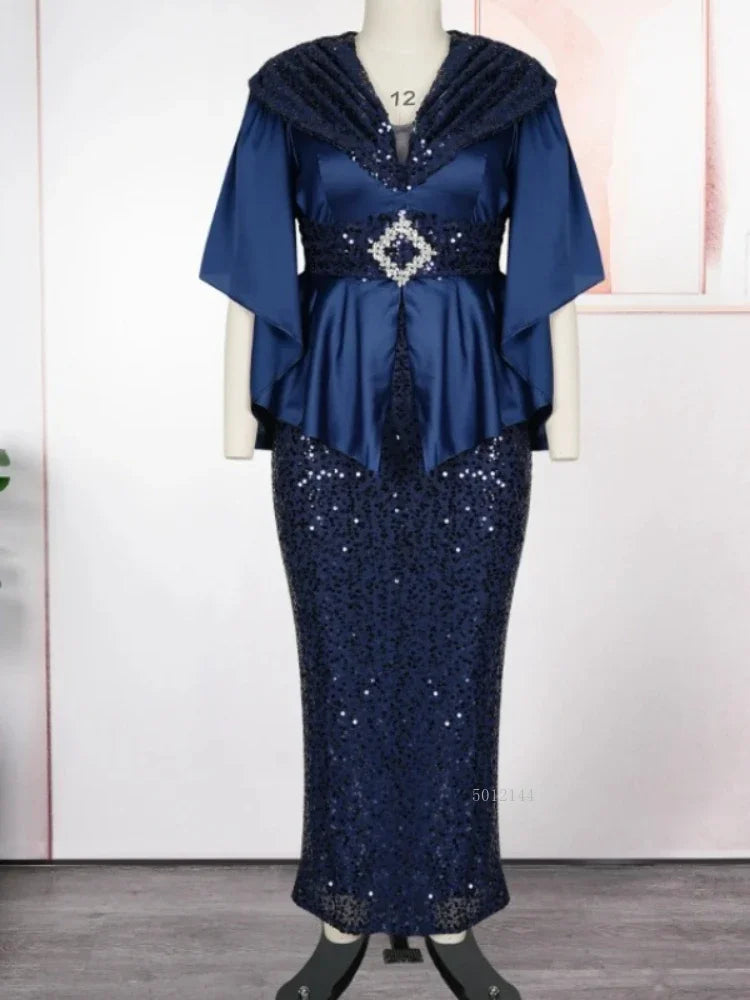 Maxy Elegant African Party Dress for Women plus Size Dashiki Sequin Bodycon Long Gown with Slit Turkish Muslim Wedding Evening Wear