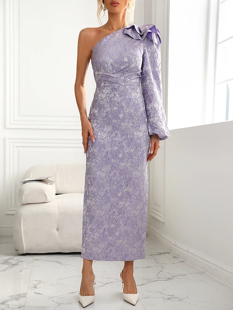 Maxy New One Shoulder Jacquard Long Slim Dress Women Purple Long Sleeve Ruffles Design Dresses Runway Celebrity Party Gowns