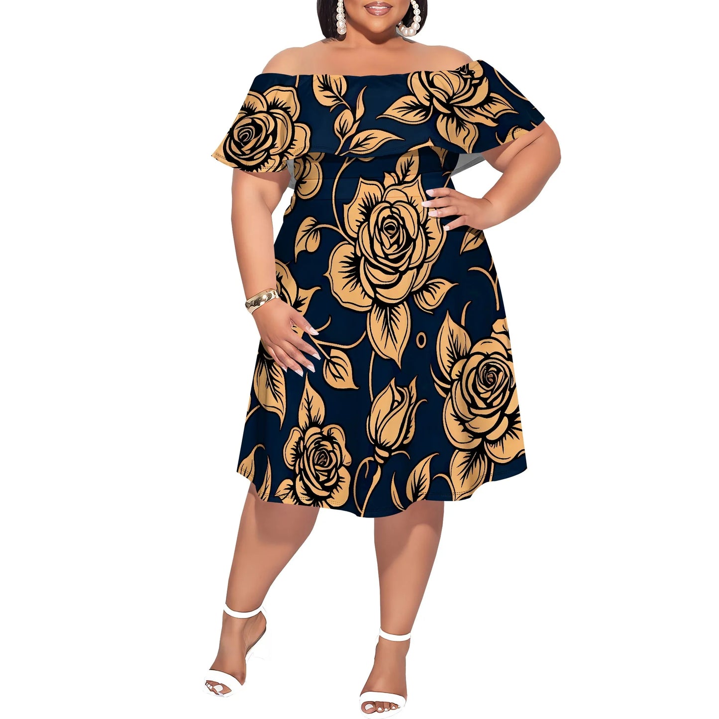 Maxy Plus Size Off Shoulder Short Sleeve Midi Dress Floral Rose Print Navy Blue Elegant Summer Party Casual Dress