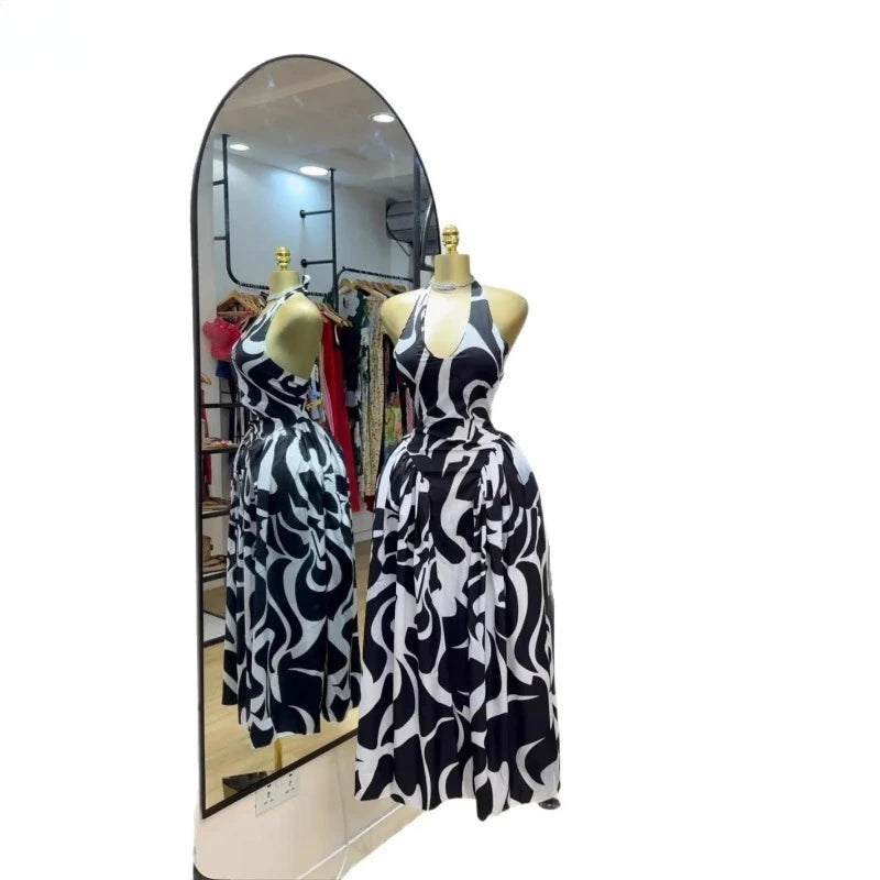 Maxy Women V-neck Sleeveless Halter Print Midi Dress Backless Elegant Birthday Beach Party Vestidos Big Swing Dresses