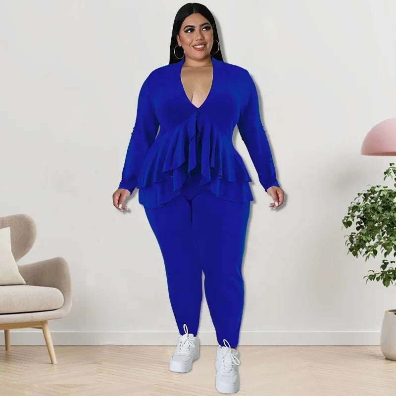 Amay Plus Size Women Set Fashion Ladies Ruffles Hem V-neck T-shirt and Legging Pants Suit Spring Female Two 2 Piece Set Outfit