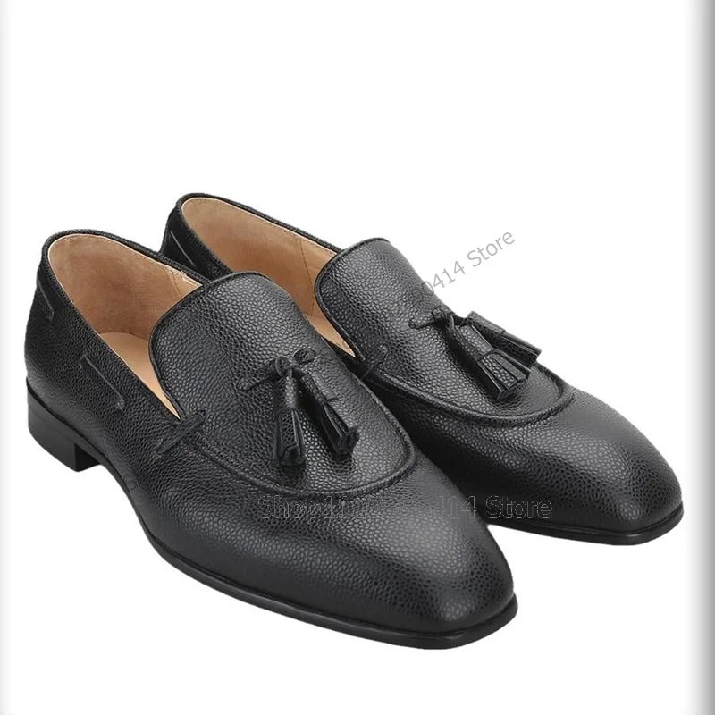 Amay Black Lychee Print Tassels Decor Square Toe Loafers Fashion Slip On Men Shoes Luxury Handmade Party Feast Office Men Dress Shoes