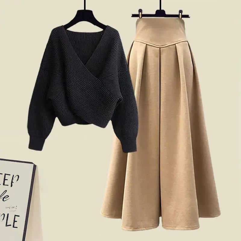 Maxy Style Autumn New Chest Cross Knitted Sweater Pullover Pleated Half Skirt Two-piece Set Fashionable Women's Skirt Set