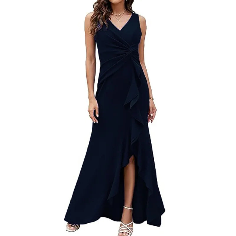 Maxy Elegant V-Neck Party Maxy Dress Women Fashion Sleeveless Ruffle Split Gown Prom Dress Ladies Slim Fit Tie Up Bodycon Gala Dress