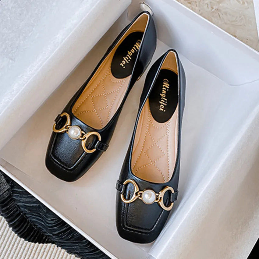 Amay New Women Med Heel Square Toe Pumps Office Lady Shoes Big Gold Metal Chain Soft Soles Slip on Leahter Shoes