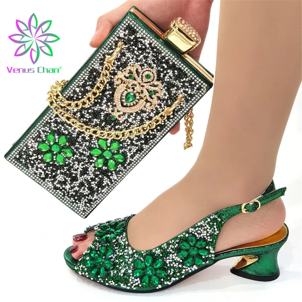 Maxy Design Shoes with Matching Bags for Wedding High Heels Women Wedding Shoes Decorated with Rhinestone Shoe and Purse Set