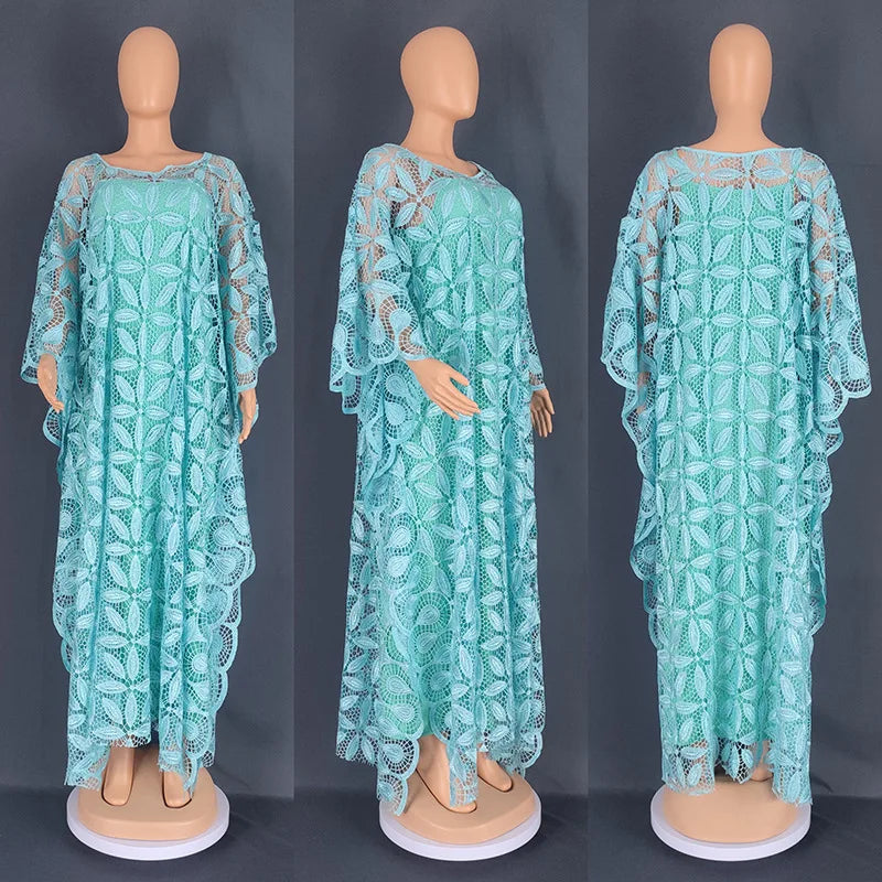 Summer Elegant African Women O-neck Pink Yellow Blue Plus Size Long Dress Lace African Robes Abaya African Dresses for Women