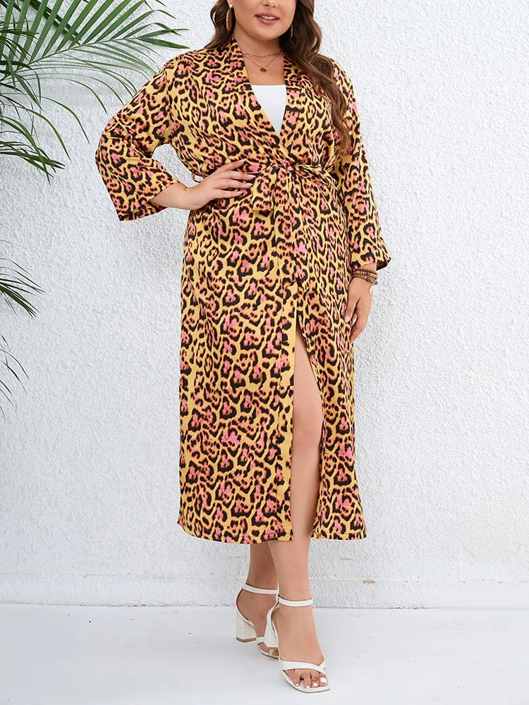 Amay Plus Size Leopard Print Belted Long Kimono Cardigan Women Open Front Long Sleeve Blouse Holiday Bohemian Beach Tunic Tops