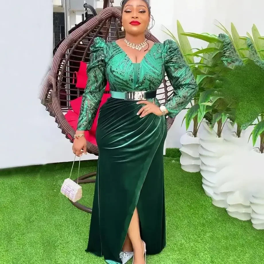 Amay Dresses for Women New Fashion Plus Size Sequin Evening Party Long Dress Dashiki Ankara Outfits Robe African Clothes