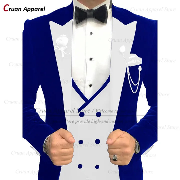 Maxy Luxury Velvet Men Suits Set Slim Fit Trendy Prom Wedding Groom Jacket with Double Breasted Vest Pants 3 Piece