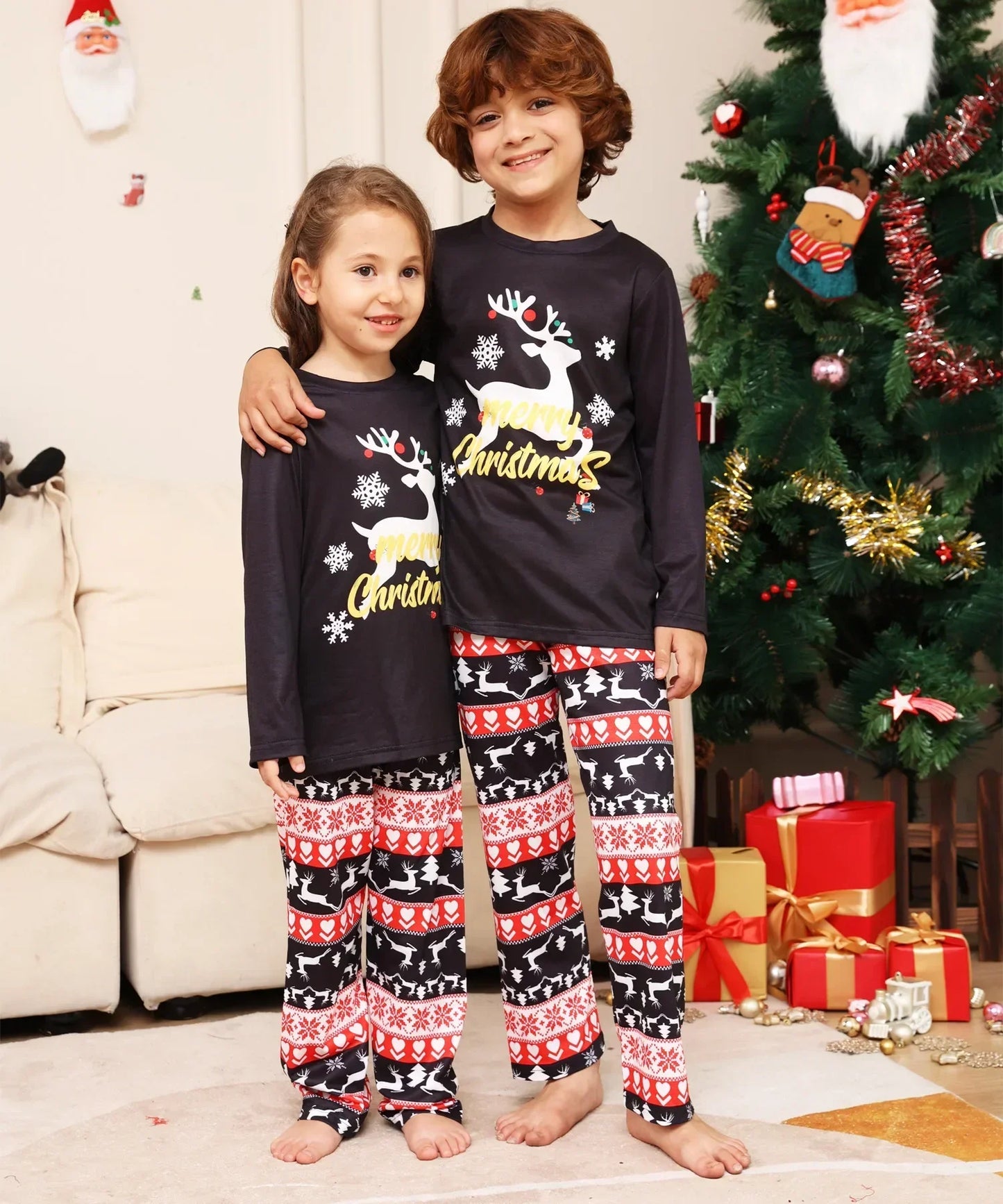 New Year's Clothes 2024 Deer Print Christmas Pajamas Set Family Matching Clothes Baby Dog Romper Long Sleeve Sleepwear Xmas Look
