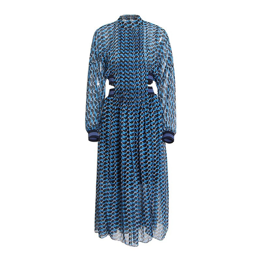Maxy Fashion Summer Print Dress For Woman Stand Collar Long Sleeve Hight Wasit Hollow Out Midi Dresses Female New