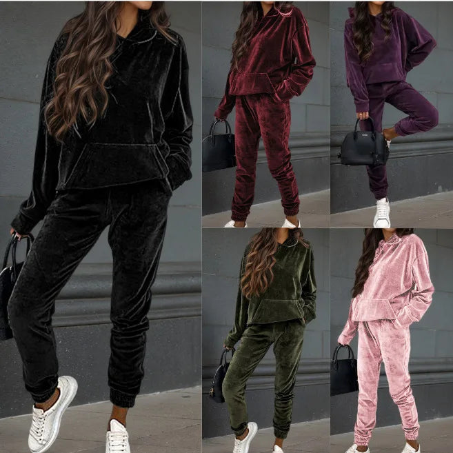 Maxy Autumn Winter Velvet Tracksuit Set Elegant Soft Pocket Pullover Top Female Loose Sweatsuit Pants Suit Two Piece Set Outfits