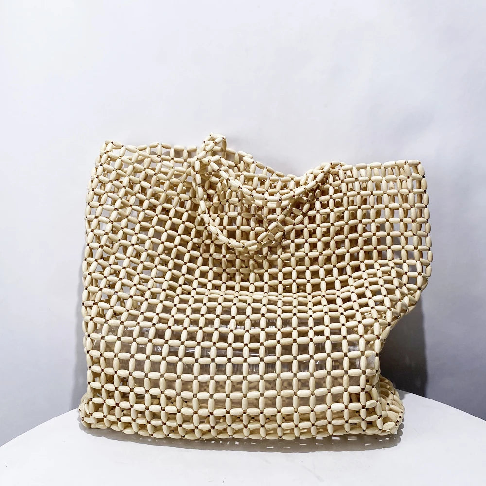Maxy Beach Rainbow Hollow Tote Bags for Women Luxury Designer Handbags And Purses New In Wood Hand-Woven Large Capacity Shoulder
