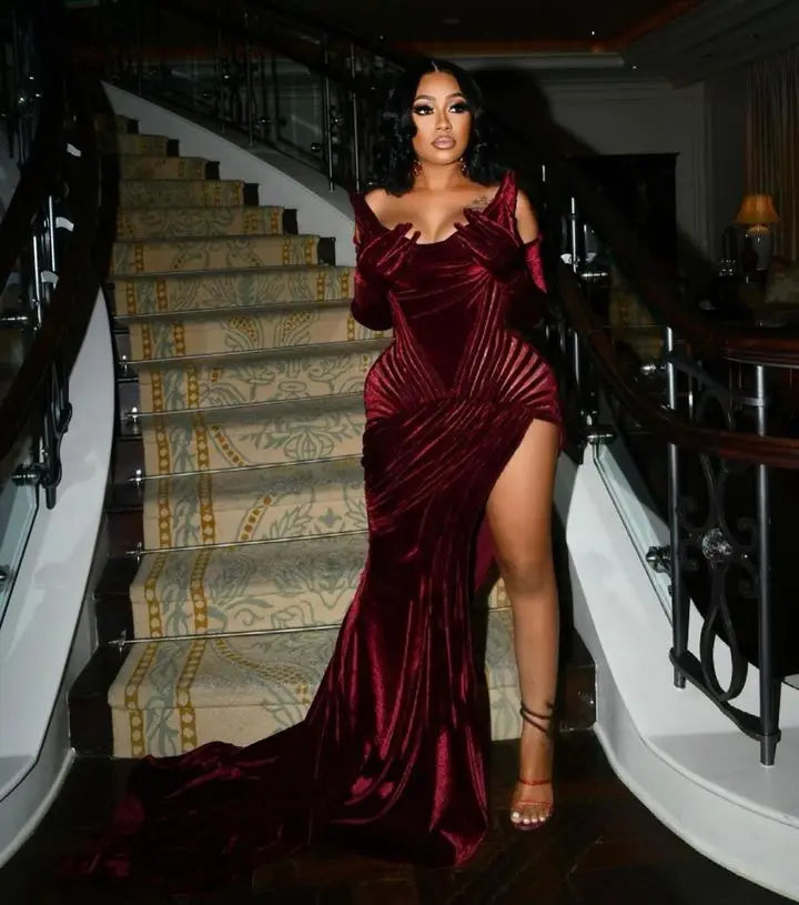 Maxy Quality Burgundy Velvet Prom Dresses with Long Gloves Plus Size Arabic African Celebrity Dress High Slit Long Party Gowns