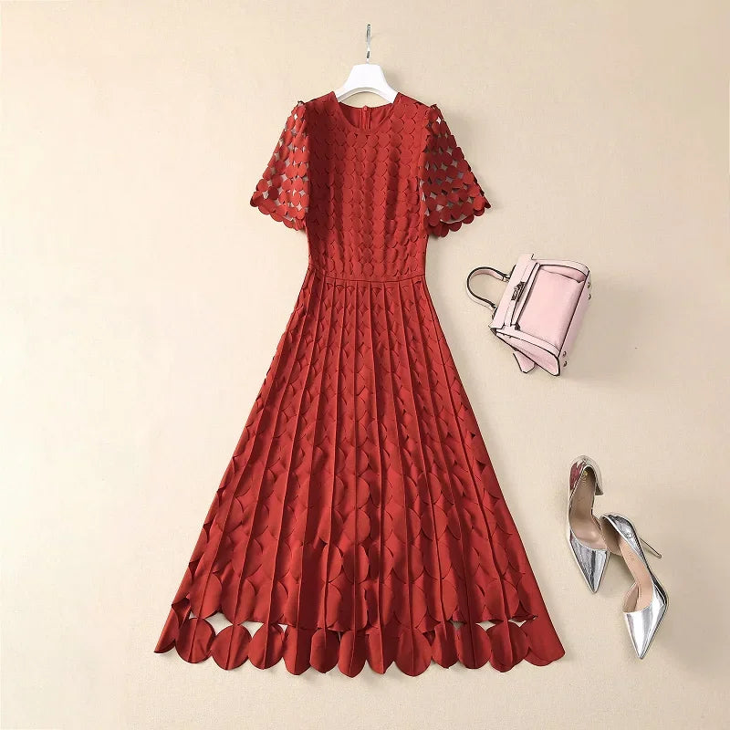 Maxy High Quality Brand New Spring Dress Women Hollow Out Dot Patterns Short Sleeve Mid-Calf Length Black Coffee Pink Dress XXL