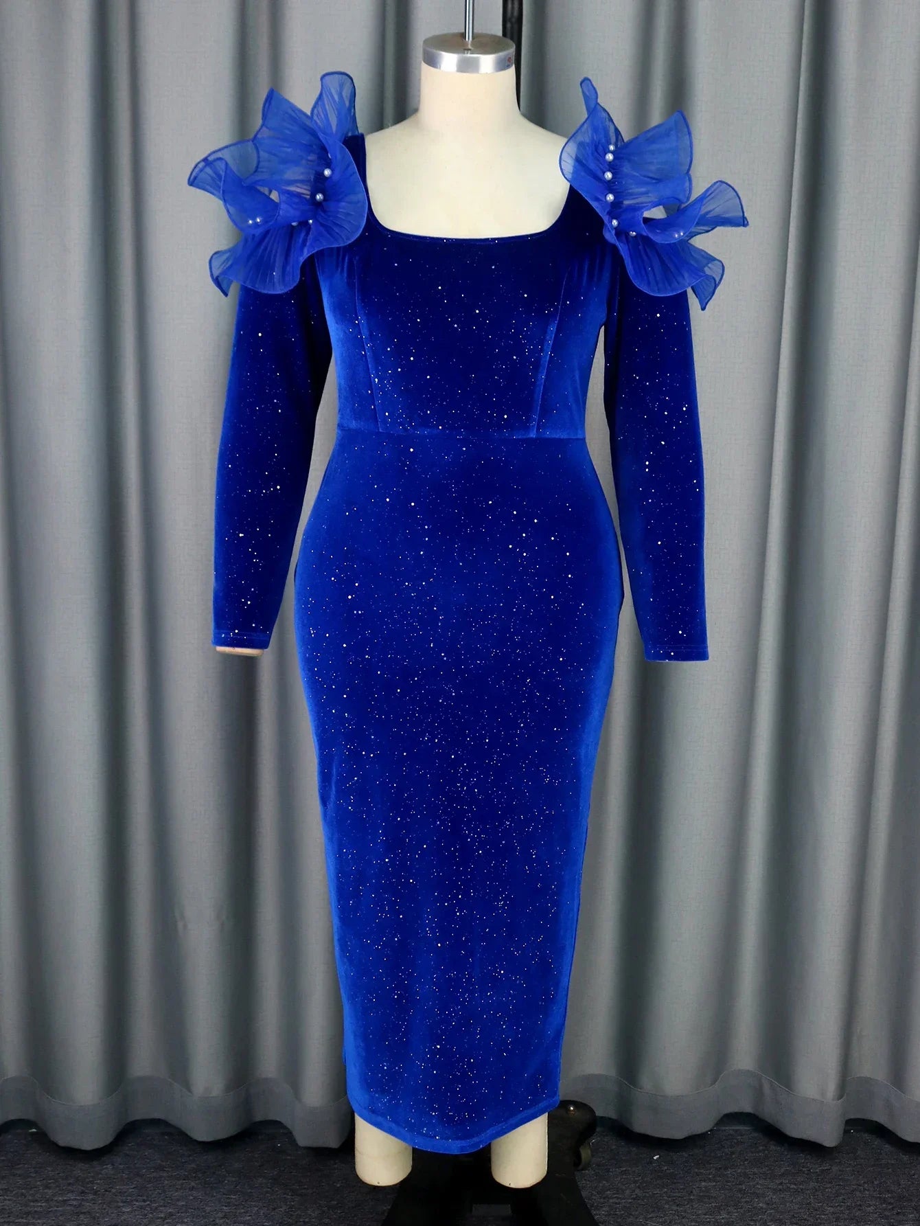 Amay Blue Elegant Party Evening Dress Velvet Winter Wedding Guest Outfit Ruffles Shiny Square Collar Party Long Sleeve Birthday Gowns