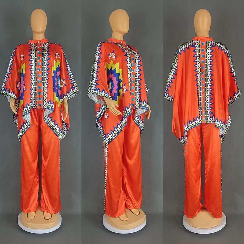 Maxy 2 Piece African Clothes for Women Outfits Summer African 3/4 Sleeve O-neck Print Top Pant Matching Sets Africa Clothing