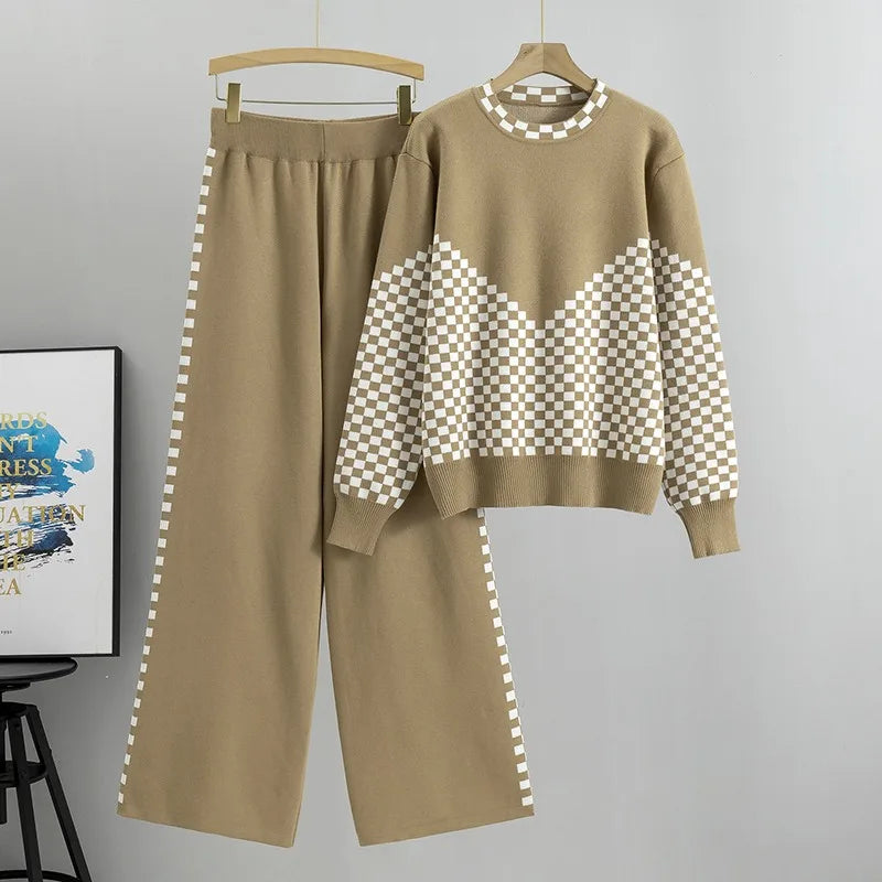 Maxy Women Pullovers Pant Set Casual Elastic Sweater Suits Color Contrast Knitted Loose Elegance Long Sleeve Tops Autumn Winter