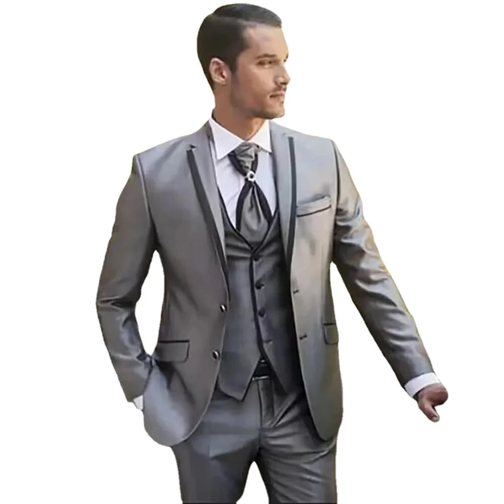 Visco 2024 Elegant Men's Suits Grey Balzer Costume Homme Notch Lapel Single Breasted Skinny Terno Wedding 3 Piece Jacket Pants Vest