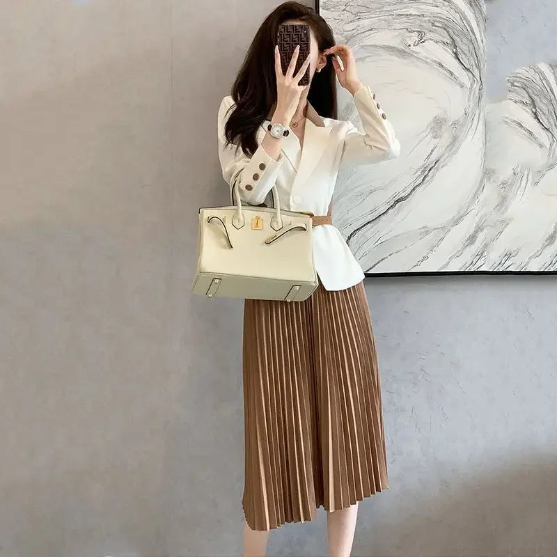 Maxy Pleated Skirt 2 Pieces Sets for Women Office Woman Outfit Midi Suits Jacket Y2k Streetwear Summer Clothes Stylish Korea