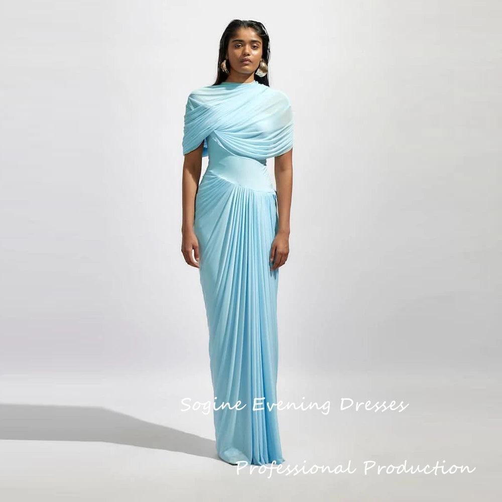 Maxy Sky Blue Evening Dresses Customized Chiffon Sheath/Column Prom Dress High Collar Pleat Cap Sleeve Valentine's Day Long Gown
