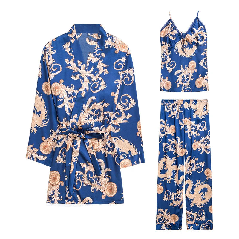 Amay Women's Silk Satin Pajamas Set 3 Pcs Floral Silky Pj Sets Sleepwear Cami Nightwear with Robe and Pant