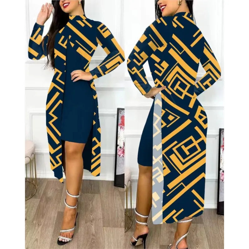 Maxy Two Piece Set Women Print Dresses Sets Full Sleeve Half High Collar Split Cardigan Dress Suits Elegant A Line Office Lady