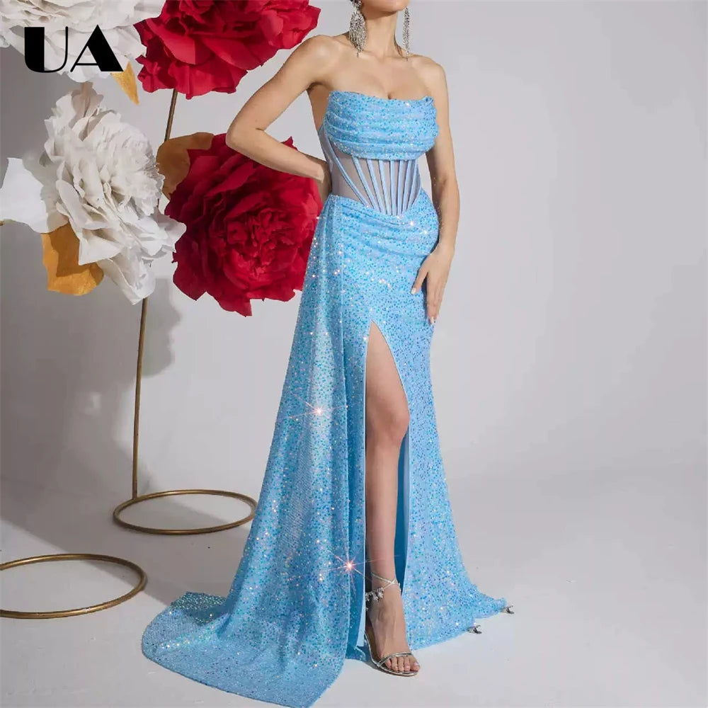 Maxy Women's Sequin Strapless Prom Dress Ruched Bodice High Slit Mermaid Gown Formal Evening Wedding Guest Ball Gown Sparkly Party