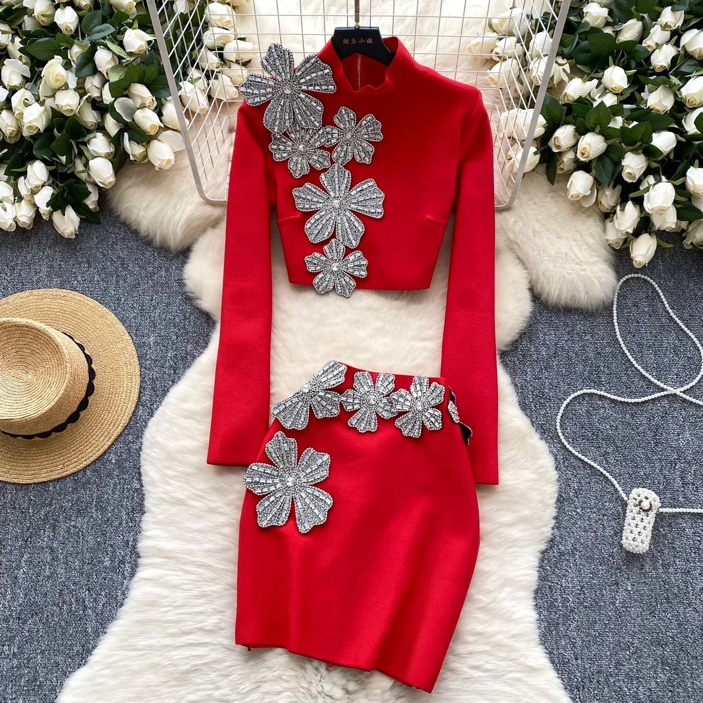 Maxy Elegant Two-piece Sets Stand Neck Long Sleeve Chic 3D Floral Top Slim High Waist Short Skirt Evening High Street Autumn Clothing