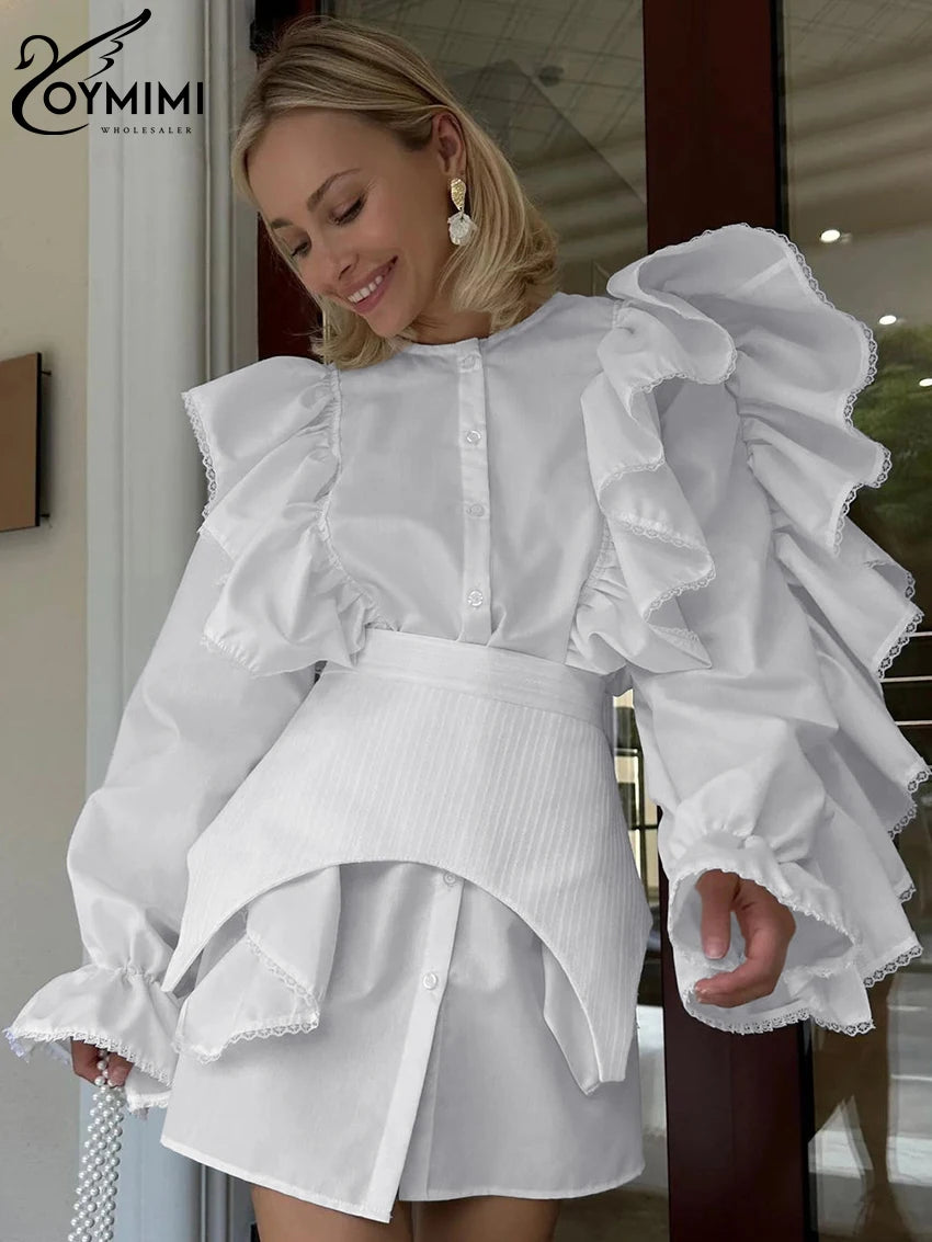 Maxy Fashion Loose White Cotton 2 Piece Sets Women Outfit Elegant Ruffle Long Sleeve Girdle Single Breasted Mini Dress Set